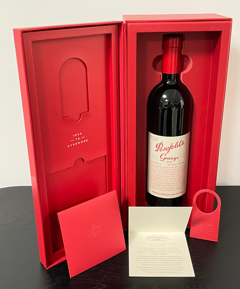 A bottle of Penfolds Grange 2018 presented in its original presentation box.