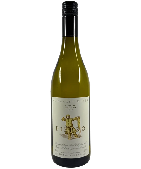 Pierro L.T.C. 2023 Margaret River white wine bottle front label with Pierrot clown illustration.