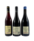 Back labels of three Pinot Noir wines – Brokenwood Pinot Noir 2024, Giant Steps Applejack Vineyard Pinot Noir 2023, and Louis Billard Volnay Premier Cru “En Chevret” 2022 – showing vintage details, vineyard information, and alcohol content.