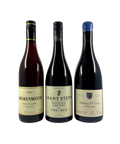 Three bottles of Pinot Noir wine – Brokenwood Pinot Noir 2024, Giant Steps Applejack Vineyard Pinot Noir 2023, and Louis Billard Volnay Premier Cru “En Chevret” 2022 – front labels displayed side-by-side.