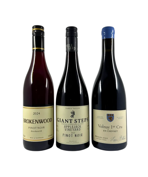 Three bottles of Pinot Noir wine – Brokenwood Pinot Noir 2024, Giant Steps Applejack Vineyard Pinot Noir 2023, and Louis Billard Volnay Premier Cru “En Chevret” 2022 – front labels displayed side-by-side.