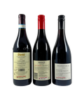 Back labels of Red Varietal Explorer 3-Pack – Vietti Langhe Nebbiolo 2022, MMAD Vineyard Blewitt Springs Grenache 2023, and Domenica Gamay