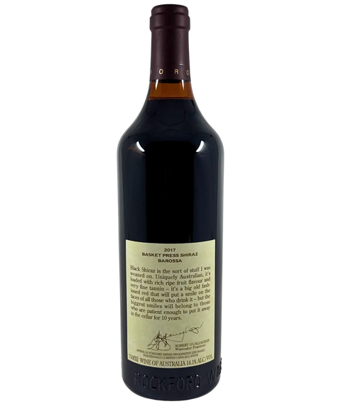 Back label of Rockford Basket Press Shiraz 2017 – Barossa Valley wine with winemaker’s note, tasting description, and cellar ageing advice.