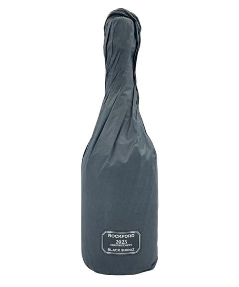 Rockford Black Shiraz 2023 Disgorgement, Barossa Valley sparkling red wine wrapped in black tissue with white label.