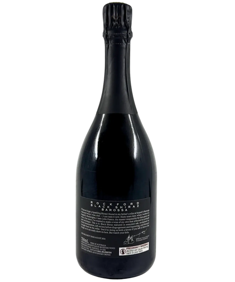 Back label of Rockford Black Shiraz 2023 Barossa Valley, describing its heritage, tasting notes, and winemaking story.