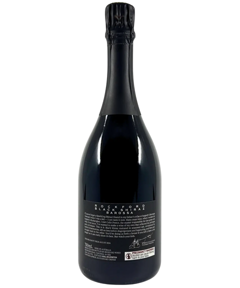 Back label of Rockford Black Shiraz 2024 Disgorgement sparkling red wine with winemaker’s notes and Barossa Valley origin details.