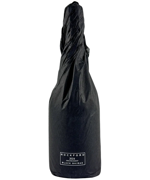 Rockford Black Shiraz 2024 Disgorgement sparkling red wine wrapped in black tissue paper with white label – Barossa Valley, Australia.