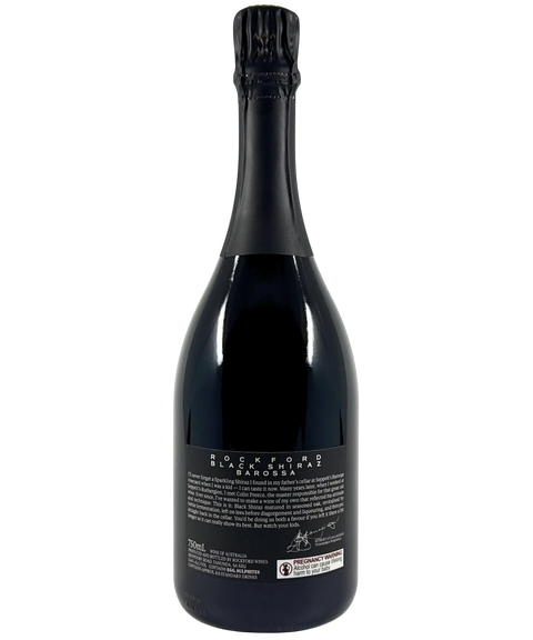 Back label of Rockford Black Shiraz sparkling red wine disgorged 2025