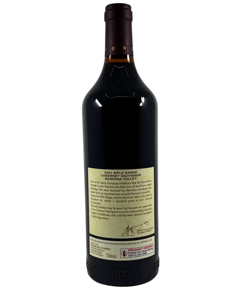 Back label of Rockford Rifle Range Cabernet Sauvignon 2021 Barossa Valley, detailing heritage-inspired winemaking notes and vineyard history.