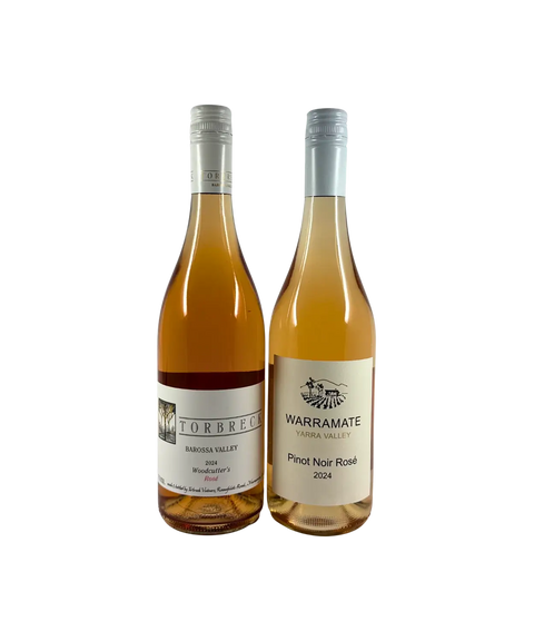 Front labels of Rosé Two Ways 2-Pack with 2024 Torbreck Woodcutter’s Rosé from Barossa Valley and 2024 Warramate Pinot Noir Rosé from Yarra Valley. Both premium Australian rosés feature elegant silver screw caps and pale salmon hues, highlighting their cool-climate winemaking origins.