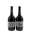 Sami-Odi Hoffman Dallwitz Syrah 2022 and 2023 wine bottles back labels featuring black and white artistic design with mountain and animal motifs