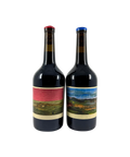Sami-Odi Hoffman Dallwitz Syrah 2022 and 2023 wine bottles front view showing landscape label artwork with red and blue wax caps