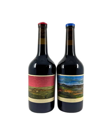 Sami-Odi Hoffman Dallwitz Syrah 2022 and 2023 wine bottles front view showing landscape label artwork with red and blue wax caps