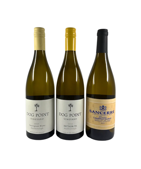 Front labels of Sauvignon Blanc 3-Pack featuring Dog Point Vineyard 2023 Sauvignon Blanc, Dog Point Vineyard 2018 Section 94, and Domaine Christian Salmon Sancerre 2023 wine bottles