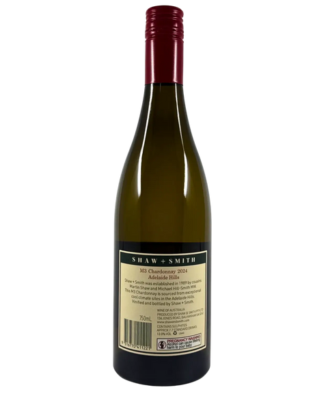Back label of Shaw and Smith M3 Chardonnay 2024 – premium Adelaide Hills white wine with winemaker notes and vintage details