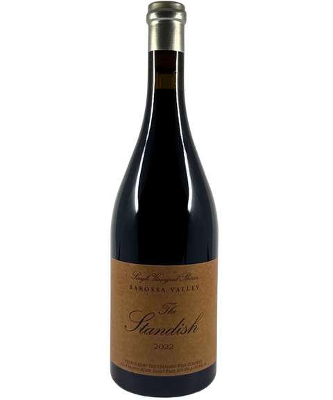 2022 The Standish Single Vineyard Shiraz red wine bottle front label from Barossa Valley with silver foil capsule and kraft paper label design