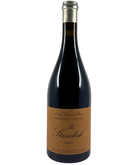 2023 The Standish Single Vineyard Shiraz red wine bottle front label from Barossa Valley with silver foil capsule and kraft paper label design