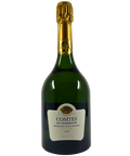 Front view of Taittinger Comtes de Champagne Grand Cru Blanc de Blancs 2013 bottle with gold foil and elegant white label, premium French Champagne.