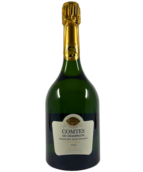 Front view of Taittinger Comtes de Champagne Grand Cru Blanc de Blancs 2013 bottle with gold foil and elegant white label, premium French Champagne.