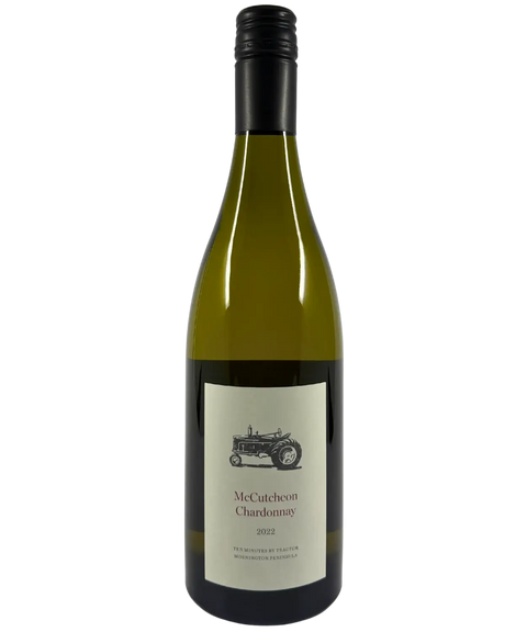 2022 McCutcheon Chardonnay white wine bottle front label from Mornington Peninsula with vintage tractor illustration and black capsule