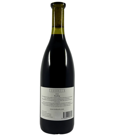 2016 Torbreck RunRig red wine bottle back label from Barossa Valley showing producer information and wine description