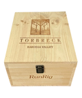 2016 Torbreck RunRig wooden wine case closed with engraved tree logo showing Torbreck Barossa Valley branding and metal clasp