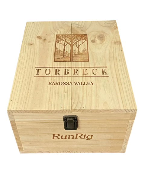 2016 Torbreck RunRig wooden wine case closed with engraved tree logo showing Torbreck Barossa Valley branding and metal clasp