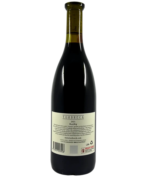 2021 Torbreck RunRig red wine bottle back label from Barossa Valley showing producer information and wine description