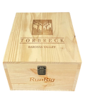 2021 Torbreck RunRig wooden wine case closed with engraved tree logo showing Torbreck Barossa Valley branding and metal clasp