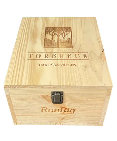 2021 Torbreck RunRig wooden wine case closed with engraved tree logo showing Torbreck Barossa Valley branding and metal clasp