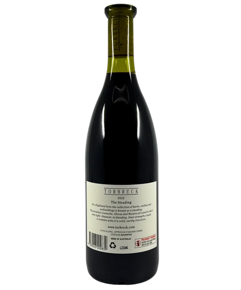 Back label of Torbreck Barossa Valley The Steading GSM 2022, handcrafted Australian red wine blend, 750ml bottle