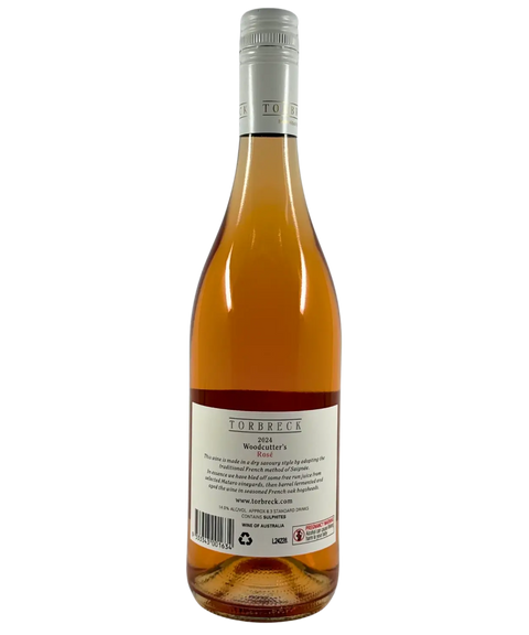 Back label of Torbreck Barossa Valley Woodcutter's Mataro Rosé 2024, dry savoury Australian rosé wine, 750ml bottle