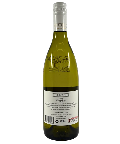 Back label of Torbreck Barossa Valley Woodcutter's Semillon 2023, premium Australian white wine, 750ml bottle