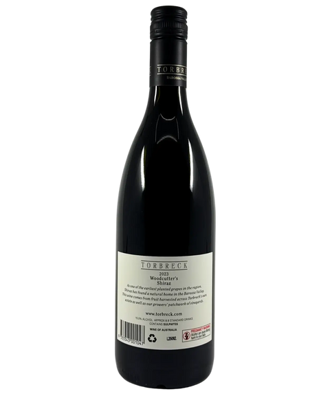 Back label of Torbreck Barossa Valley Woodcutter's Shiraz 2023, premium Australian red wine, 750ml bottle
