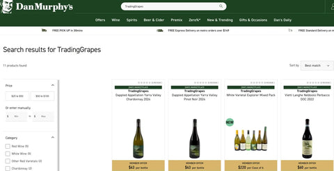 Dan Murphy’s Marketplace search results page showing 11 TradingGrapes wines including Dappled Appellation Yarra Valley Chardonnay 2024, Pinot Noir 2024, White Varietal Explorer Mixed Pack, and Vietti Langhe Nebbiolo Perbacco DOC 2022, with member pricing and delivery options.