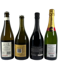 Back labels of Traditional Method Sparkling 4-Pack – Yarra Yering Sparkling Blanc de Blancs Vintage 2017, Dal Zotto Col Fondo Prosecco 2022, Rockford Black Shiraz Sparkling, and Veuve Ambal Crémant de Bourgogne Grande Cuvée Brut – showing wine details, origin, and producer information.