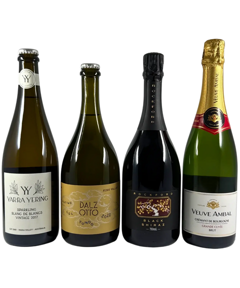 Front labels of Traditional Method Sparkling 4-Pack – Yarra Yering Sparkling Blanc de Blancs Vintage 2017 from Yarra Valley, Dal Zotto Col Fondo Prosecco 2022 from King Valley, Rockford Black Shiraz Sparkling from Barossa Valley, and Veuve Ambal Crémant de Bourgogne Grande Cuvée Brut from France – premium sparkling wine selection.