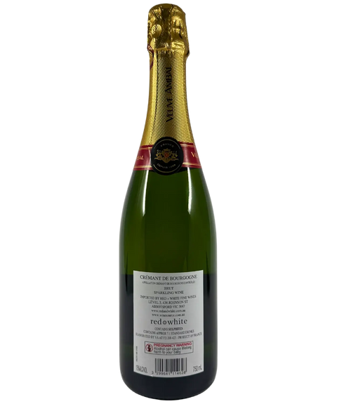 Veuve Ambal Crémant de Bourgogne Grande Cuvée Brut sparkling wine bottle back label showing importer details and Appellation Crémant de Bourgogne Contrôlée with gold foil and red stripe