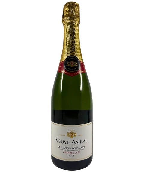 Veuve Ambal Crémant de Bourgogne Grande Cuvée Brut sparkling wine bottle front label from France with heraldic crest and gold foil capsule with red stripe