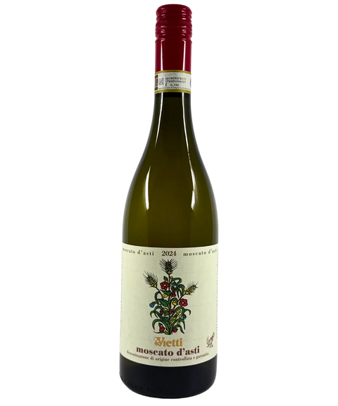 Vietti Moscato d'Asti DOCG 2024 wine bottle – Italian sweet sparkling white wine with floral label design and red screw cap