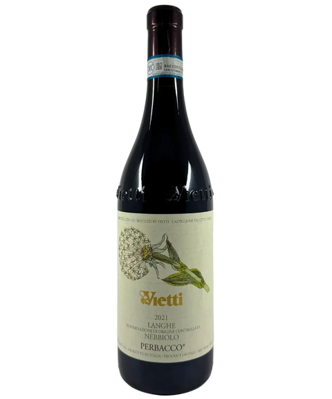 Vietti Perbacco Langhe Nebbiolo 2021 wine bottle – Italian red wine from Piedmont with cream label and botanical illustration