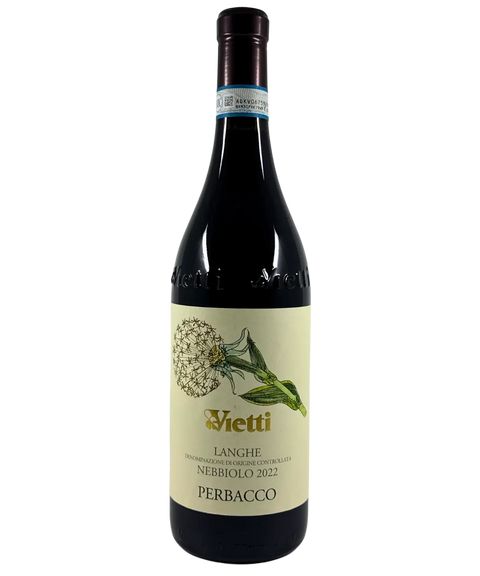 Vietti Perbacco Langhe Nebbiolo 2022 wine bottle – Italian red wine from Piedmont with cream label and botanical illustration