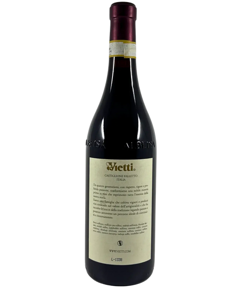 Back label of Vietti Rocche di Castiglione Barolo DOCG 2010 – Italian Piedmont red wine with producer notes and vintage details
