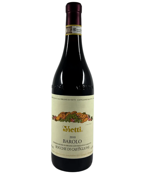 Vietti Rocche di Castiglione Barolo DOCG 2010 wine bottle – premium Italian red wine from Piedmont with cream label and vineyard illustration