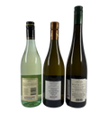Back labels of Brokenwood Hunter Valley Semillon 2024, Bernard Fouquet Vouvray Cuvée de Silex, and Veyder-Malberg Wachauer Grüner Veltliner Lieblich 2022 wine bottles