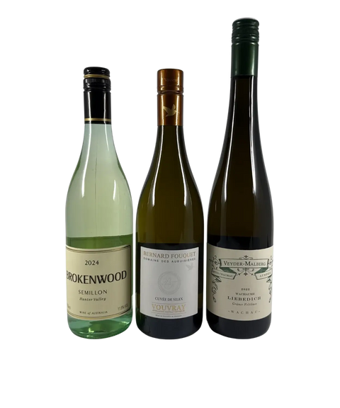 Front labels of Brokenwood Hunter Valley Semillon 2024, Bernard Fouquet Vouvray Cuvée de Silex, and Veyder-Malberg Wachauer Grüner Veltliner Lieblich 2022 wine bottles